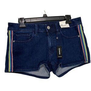 Express Women's Relaxed Low Rise Denim Shortie Shorts Size 4 Dark Blue With Rain